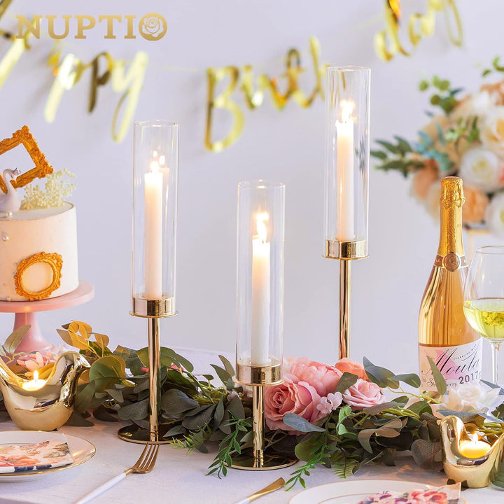 Nuptio Glaszylinder für Kerzen Kerzenhalter Glas: 6 Stücke Metall Kerzenständer Stabkerzen Gold, Gro