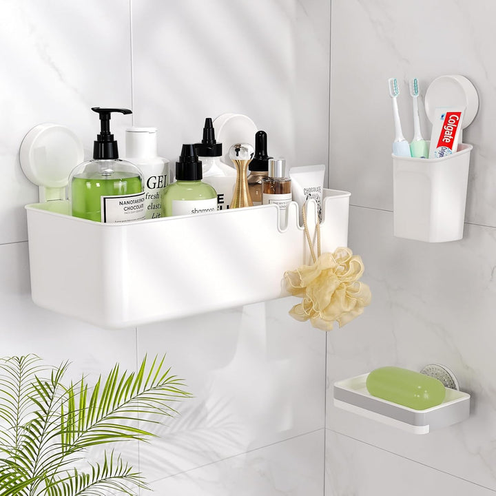 Luxear 3 Set Duschregal Saugnäpfe,Seifenschale und Zahnbürstenhalter,Duschkorb Saugnapf Ohne Bohren,