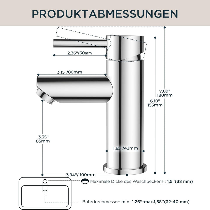 FORIOUS® Wasserhahn Bad, Edelstahl Waschbeckenarmatur mit Auslaufhöhe 85MM, Einhebel-Mischbatterie f