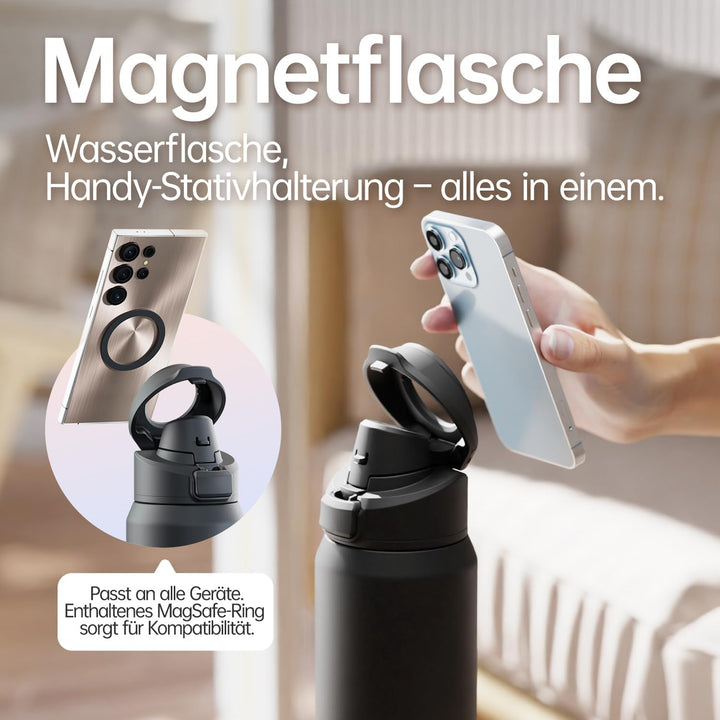 Magcheer Trinkflasche mit Handyhalterung 750ml Magnetische Wasserflasche 360° Verstellbar Flasche Ma