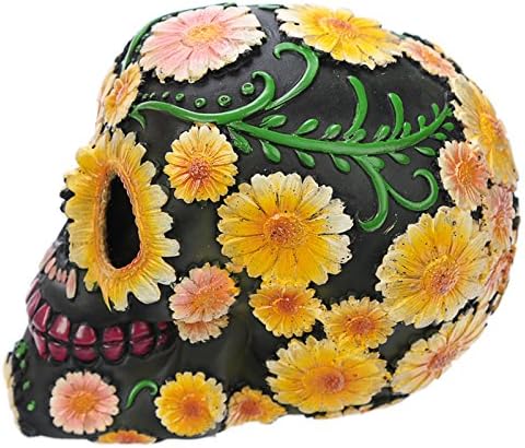 Puckator Day of The Dead Totenkopf mit Blumenmuster, Polyresin, Gelb/Grün/Pink/Schwarz, 15 x 10,5 x