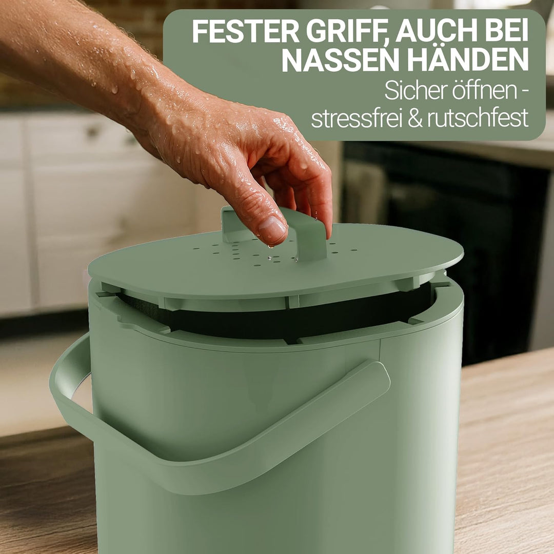 PTMS® Biomülleimer Küche 6L - Biomüll mit Aktivkohlefilter & Deckel zum Einhängen - geruchsdicht, sp