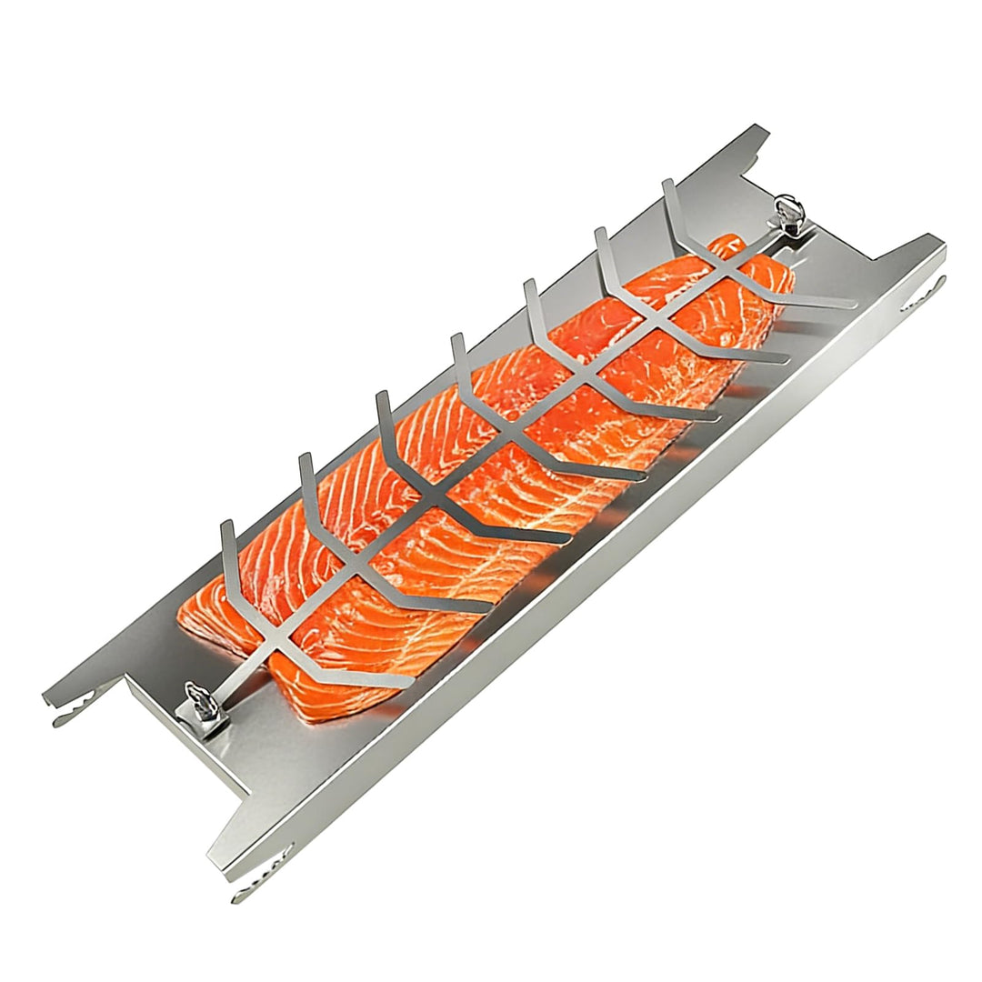 Flammlachsbrett aus Edelstahl 52×12 cm, Verstellbare Halterung | 180° Drehbar | 5-Stufig Einstellbar
