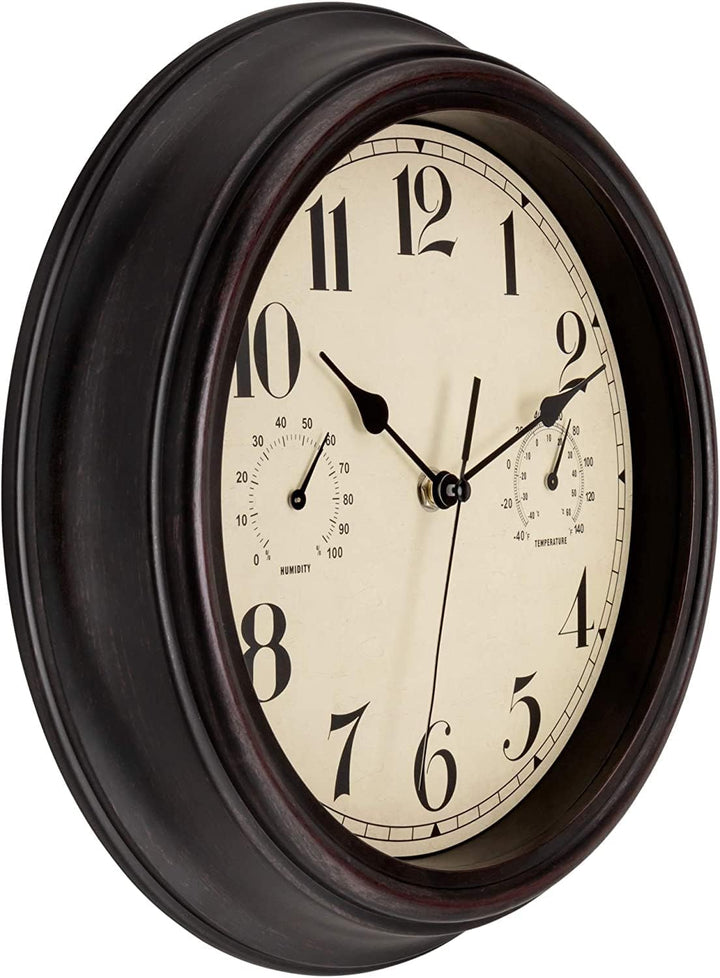 Foxtop Innen Draussen Wetterfeste Wanduhr mit Temperaturanzeige und Hygrometer, Ohne Tickgeräusche L