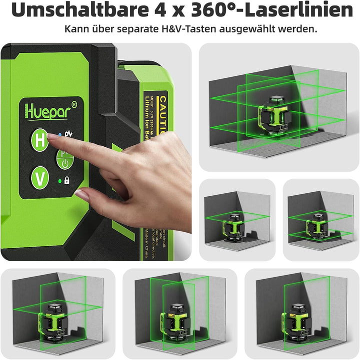 Huepar 4x360 Kreuzlinienlaser Selbstnivellierend 16 Linien Grüner Strahl 4D Linienlaser Fliesenboden