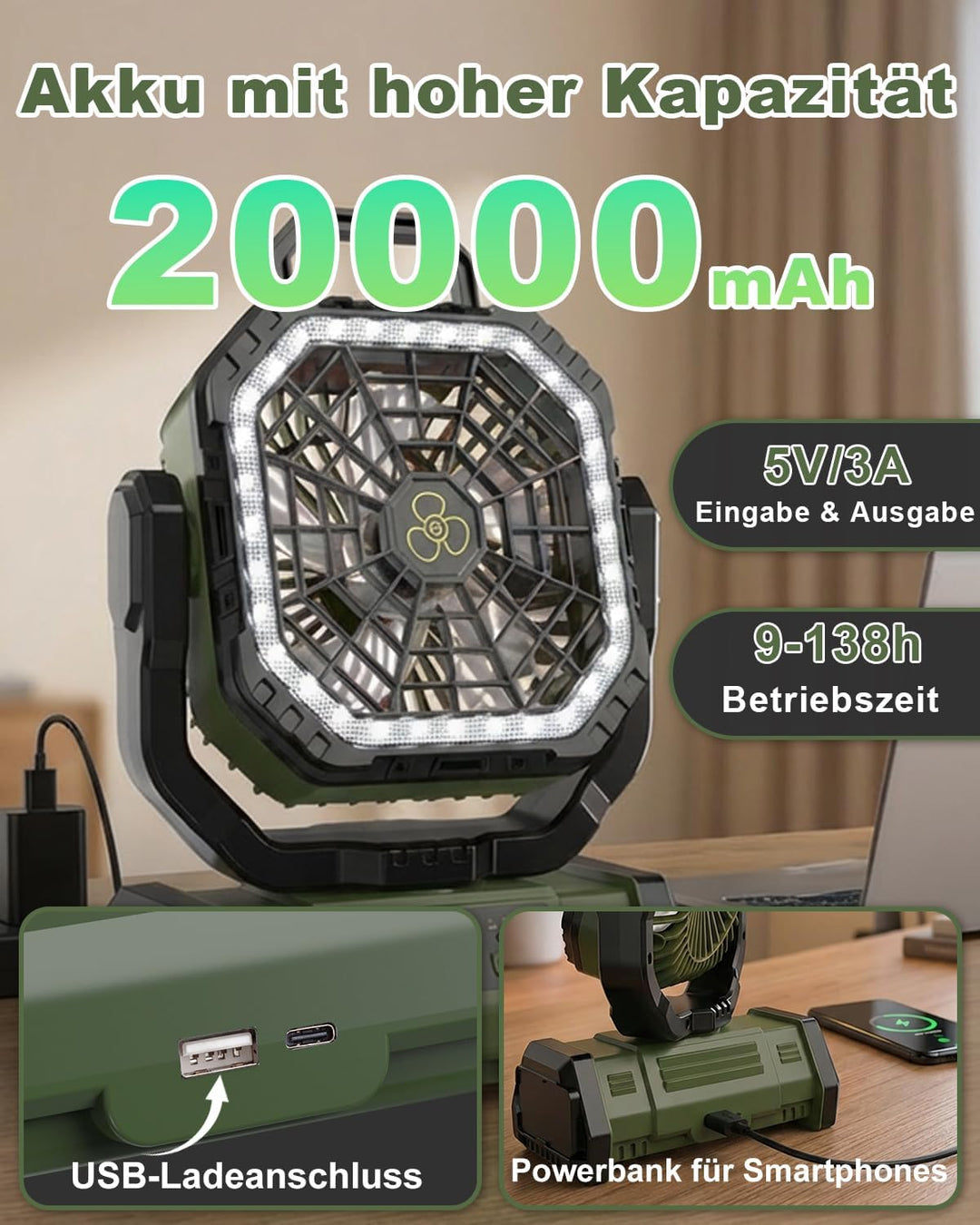 Tragbarer Campingventilator, [20000mAh] Camping Ventilator mit LED-Licht, Leisem Schlafmodus/270° Dr