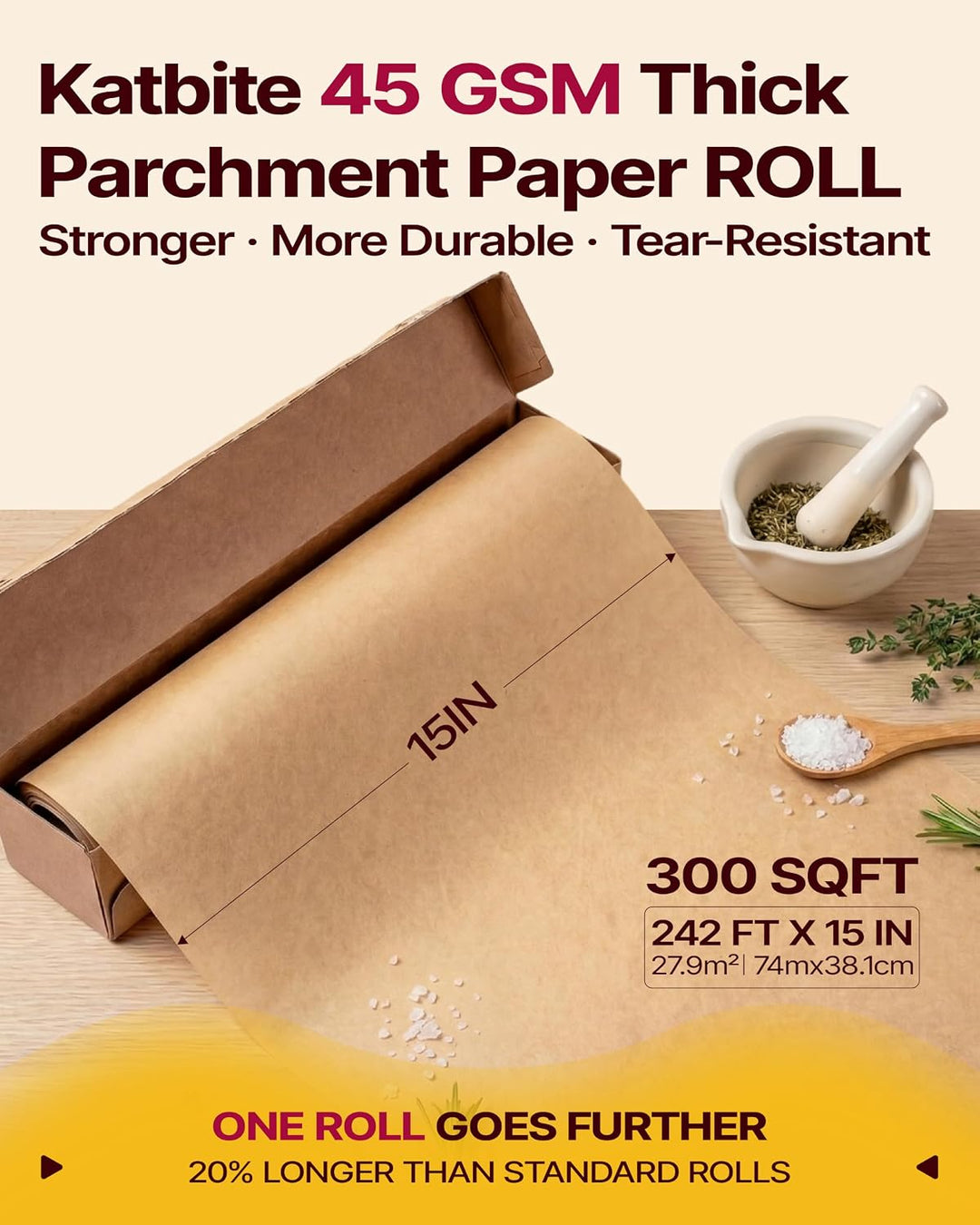 Katbite Ungebleichte Pergamentpapierrolle, 38,1 cm x 73,8 m, 300 m², antihaftbeschichtet, mit Wellen