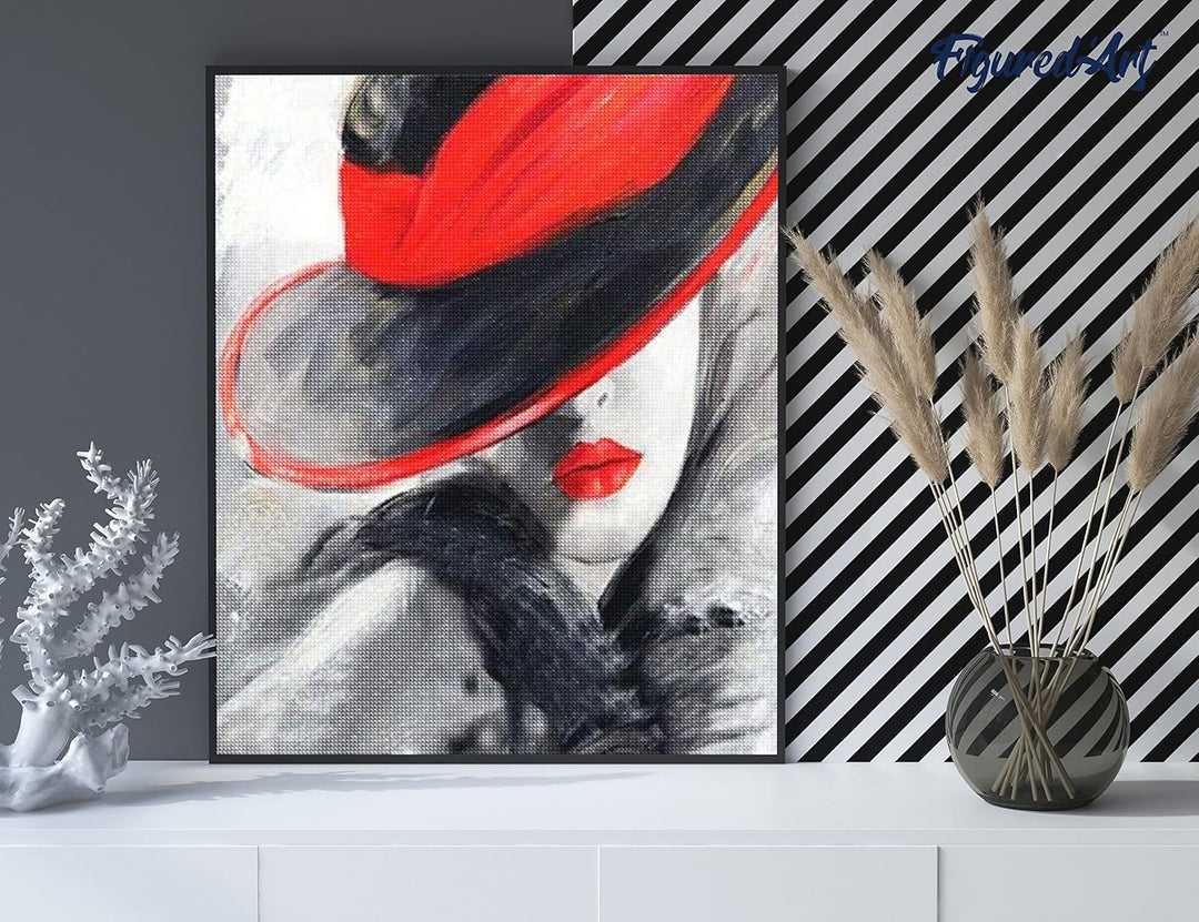 Figured'Art Diamond Painting Erwachsene 40x50cm Ganze Leinwand gerollt Frau mit rotem Hut 5D Bilder