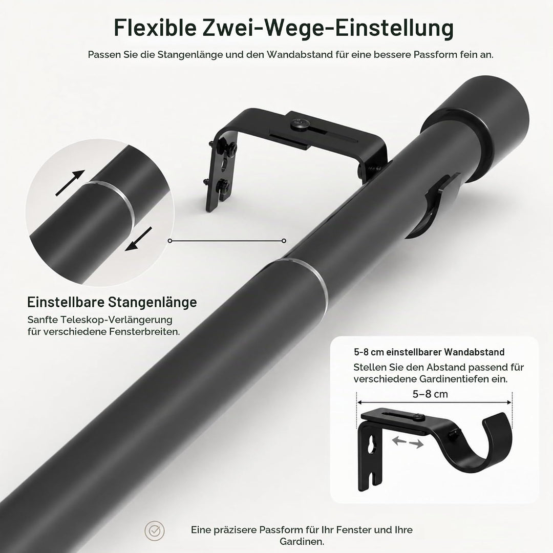 Gardinenstange Schwarz Vorhangstangen Ausziehbar Curtain Rod Erstellbare Länge mit Kappenknäufen für
