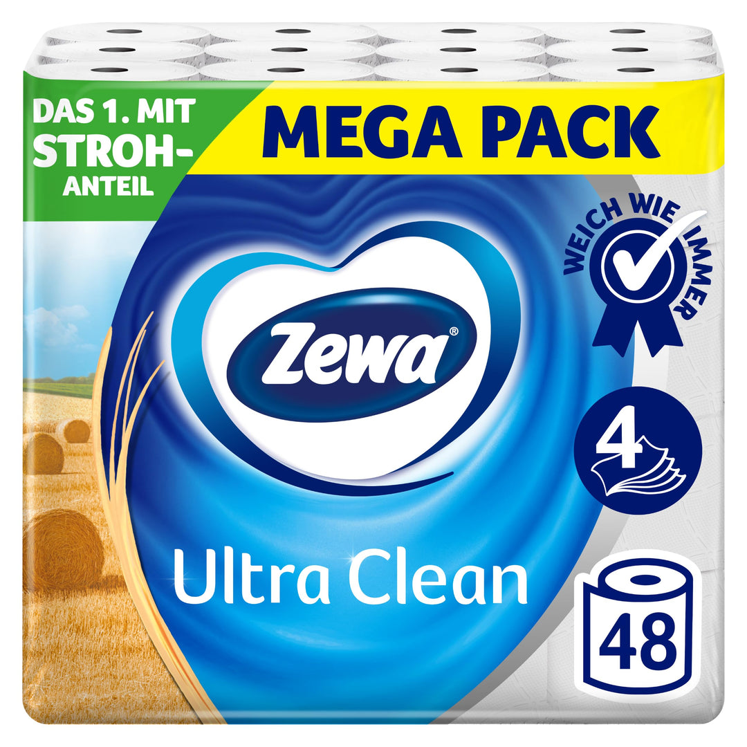 Zewa Toilettenpapier Ultra Clean 4-Lagig, Mega Pack, 3 Packungen (48 Rollen x 135 Blatt) Mehrfarbig