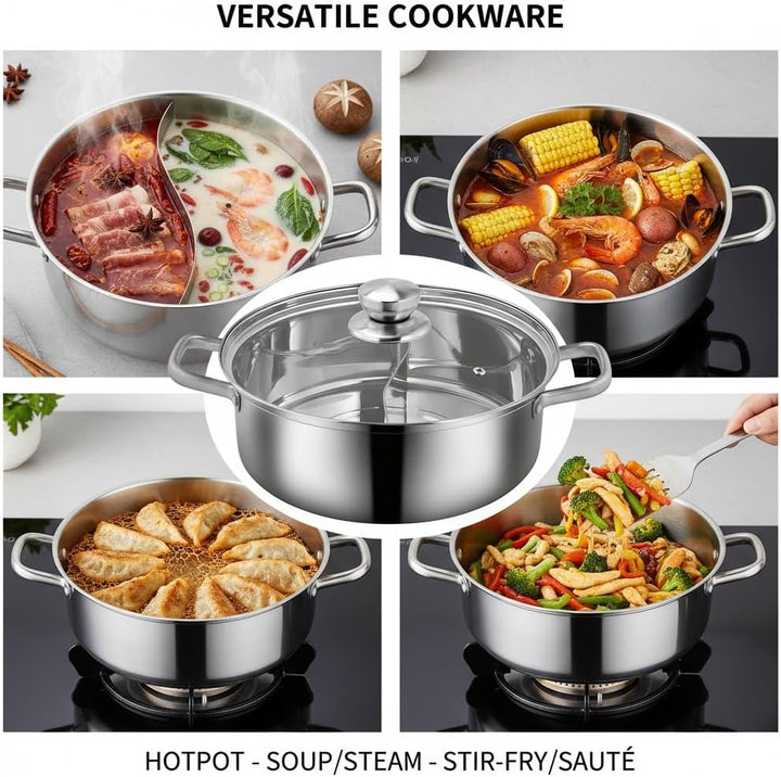 HEMOTON Hot Pot mit Trennwand Edelstahl Shabu Shabu Topf mit Glasdeckel Kochgeschirr Set Hot Pot Sup