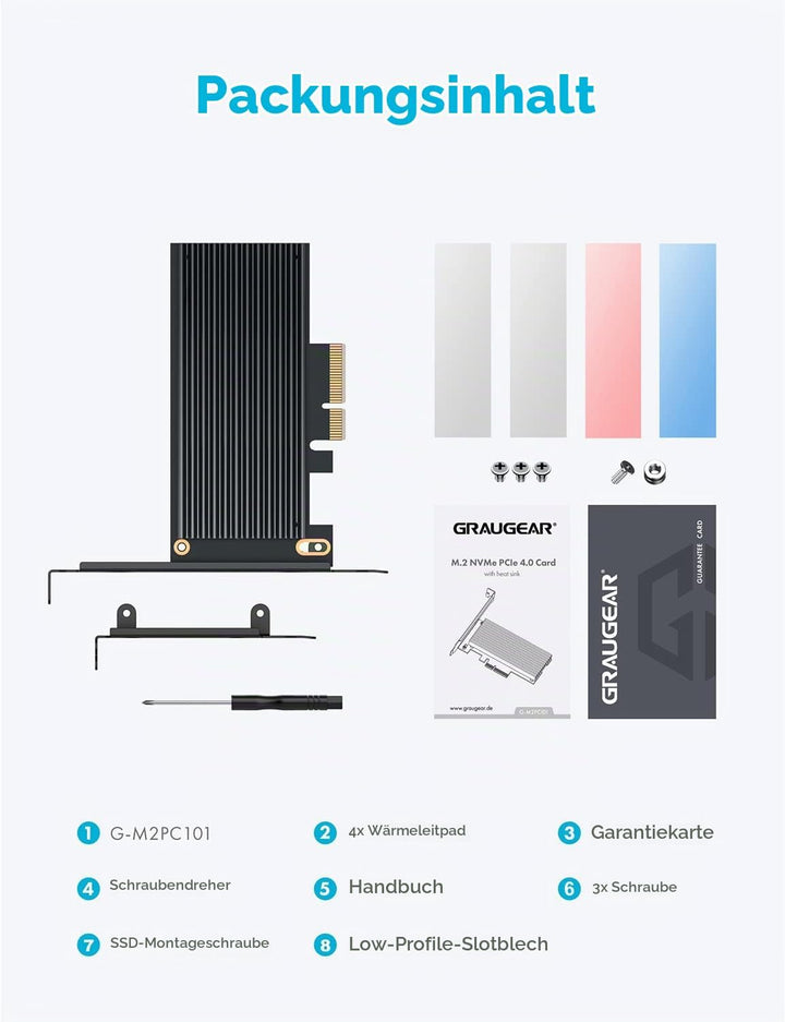 GRAUGEAR M.2 PCIe 4.0 Adapter-Karte für NVMe SSD, M-Key, grosser Aluminium-Kühlkörper, Unterstützt 2