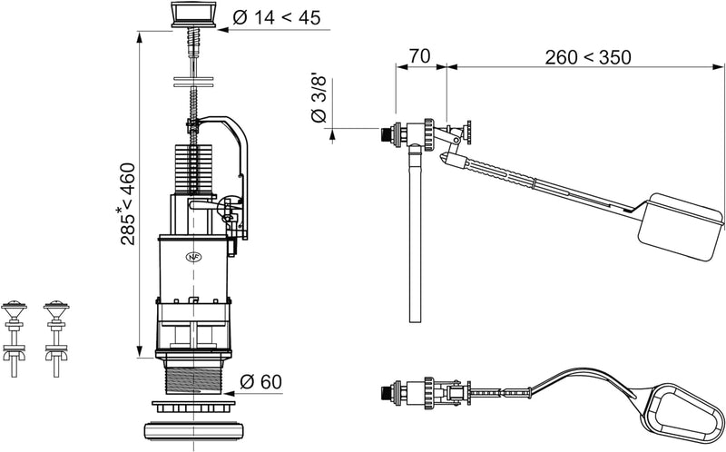 Wirquin 12030301 Spülmechanismus, 1 Drücker, mit Hebel, Schwimmerventil