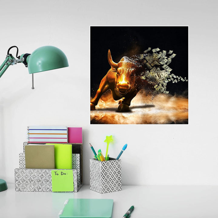 wandmotiv24 Poster als Wanddeko, Grösse 50x50cm, Goldener Stier, Dollar, Geldscheine, Geld, Tier, Mo