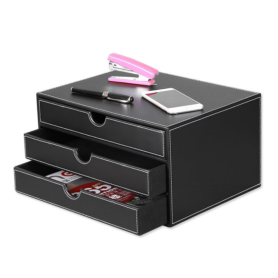 Desktop Leder Schreibtisch Schubladenbox mit 3 Schubladen a4,PU-Leder Schreibtisch organizer Box bür