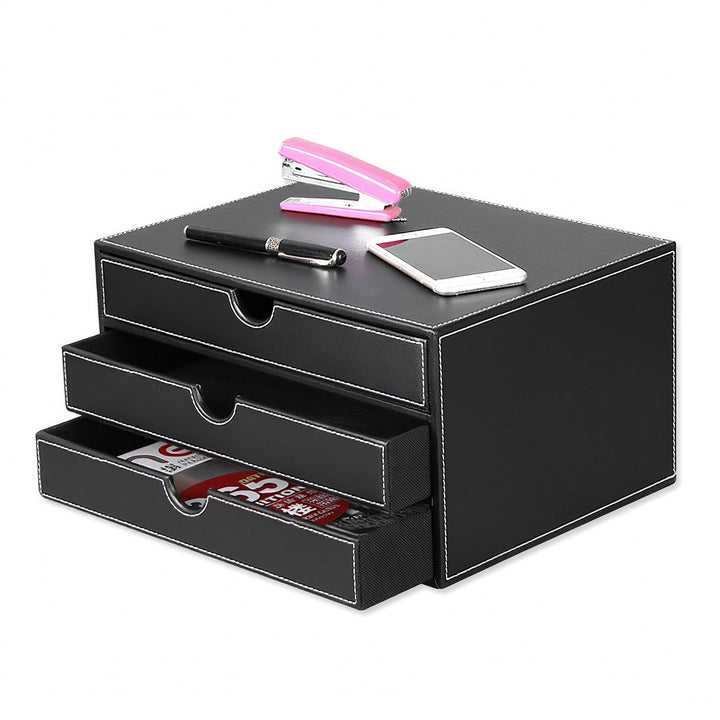 Desktop Leder Schreibtisch Schubladenbox mit 3 Schubladen a4,PU-Leder Schreibtisch organizer Box bür