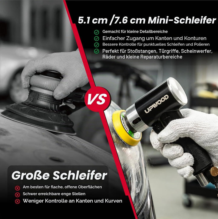 Mini Druckluft-Exzenterschleifer Set mit 2" (50 mm) und 3" (75 mm) Schleiftellern, Kompakter Pneumat