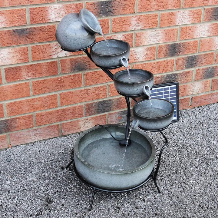 Kaskadenbrunnen 4-stufiger Wasserbrunnen Grau Solar-Wasserspiel mit überlaufenden Schalen Wasserbrun