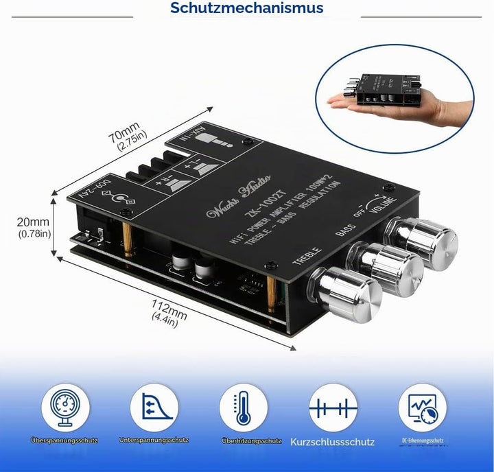 HiFi-Verstärker ZK-1002T Mini Bluetooth5.0 Verstärker Modul 2.0 Kanal 200W Stereo Audioverstärker DC