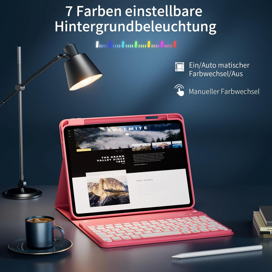 Hülle mit Tastatur für iPad A16 11 Generation 2025/10 Generation 2022 (11/10.9 Zoll) 7 Farben Beleuc