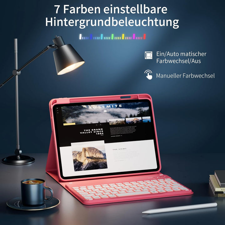 Hülle mit Tastatur für iPad A16 11 Generation 2025/10 Generation 2022 (11/10.9 Zoll) 7 Farben Beleuc
