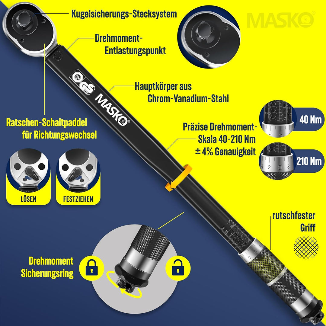 MASKO® Drehmomentschlüssel 6tlg. Set 40-210Nm 1/2' CV inkl. 3 Stecknüsse 17mm 19mm 21mm & Verlängeru