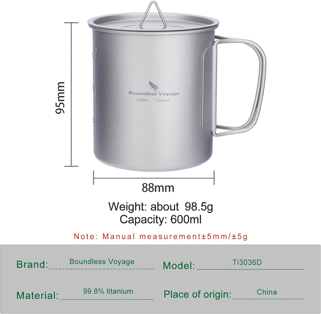 iBasingo 600ml Camping Becher Outdoor Tasse Titan Trinkbecher Mug mit Deckel & Klappgriff Ultraleich