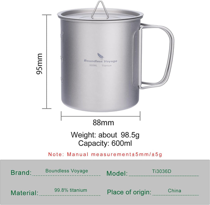 iBasingo 600ml Camping Becher Outdoor Tasse Titan Trinkbecher Mug mit Deckel & Klappgriff Ultraleich