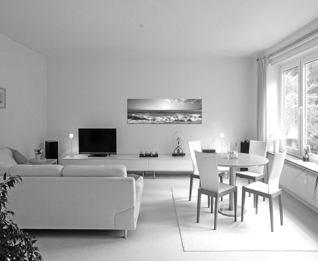 Paul Sinus Art Leinwandfoto als Panorama SCHWARZ/Weiss 150x50cm Meer Strand Wellen Sonnenuntergang W