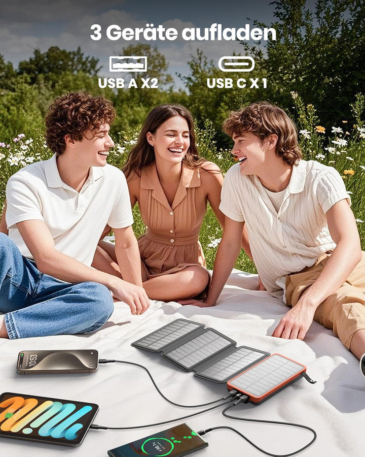 A ADDTOP Solar Power Bank - 25000 mAh Solar PowerBank mit 4 Solarpanels - 3.0A Schnelllade Ladegerät