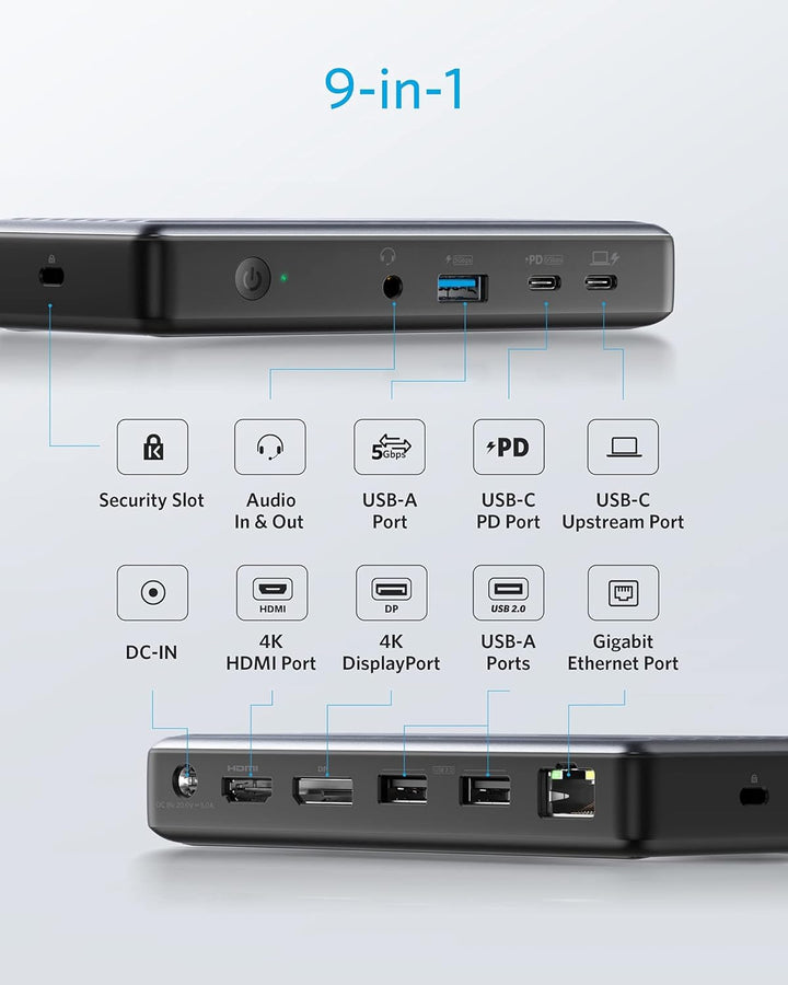 Anker PowerExpand 9-in-1 USB-C PD Docking Station USB-C Adapter, 60W für Laptop, 20W Power Delivery,