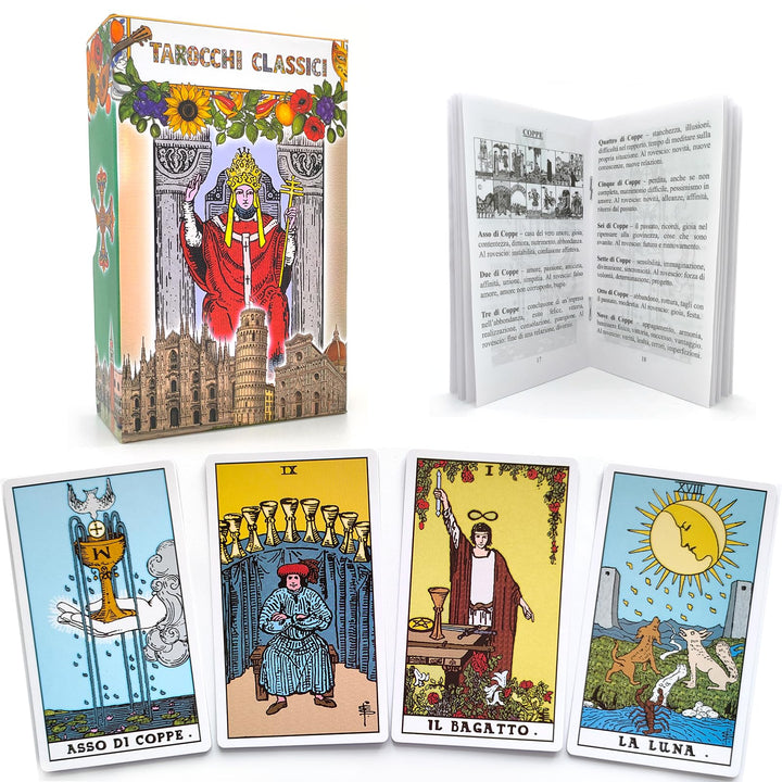 Klassisches Tarotdeck mit 78 Karten für Anfänger mit Leitfaden auf Italienisch.
