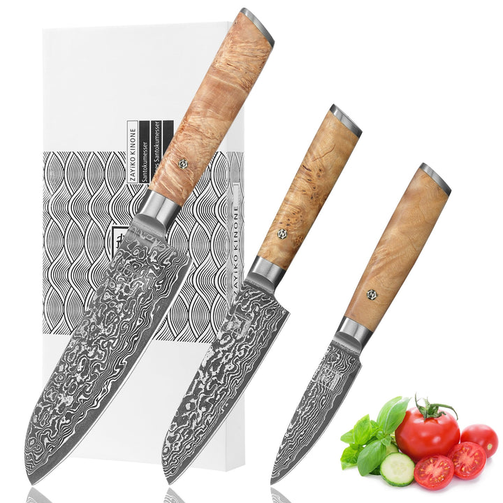 zayiko Kinone Premium 3er Damastmesser-Set mit 8-17 cm Klinge gefertigt aus 67 Lagen echtem Damastst