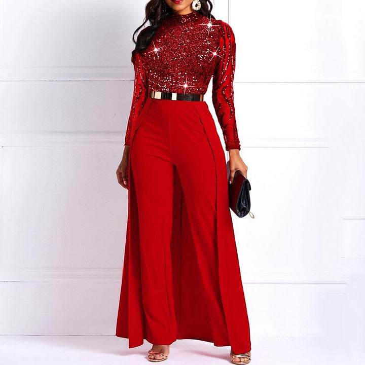 VERWIN Damen-Overall, Patchwork-Overlay, Pailletten, verziert, hohe Taille, langarm M Rot, M Rot