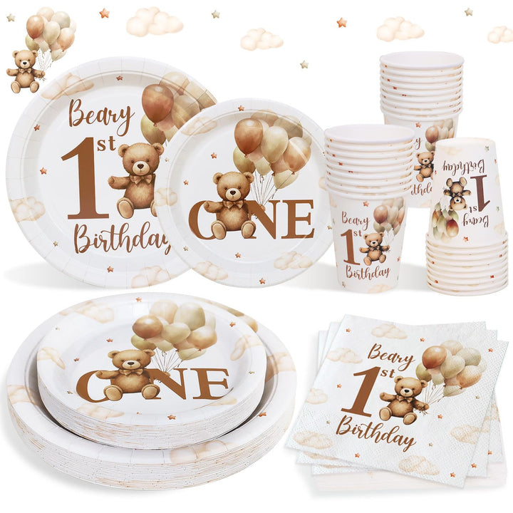 1. Geburtstag Junge Partygeschirr set für 25 Gäste, 100pcs Teddybär wiederverwendbare Pappteller für