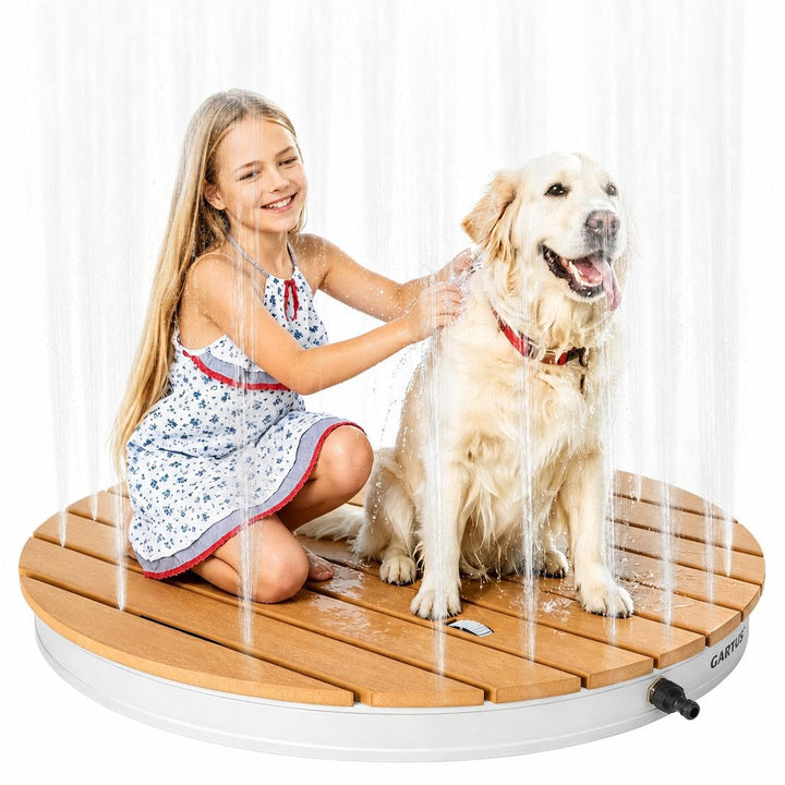 Premium WPC Saunadusche Sommer Pooldusche, Gartendusche Rund mit Fussrad, Aussendusche Witterungsbes