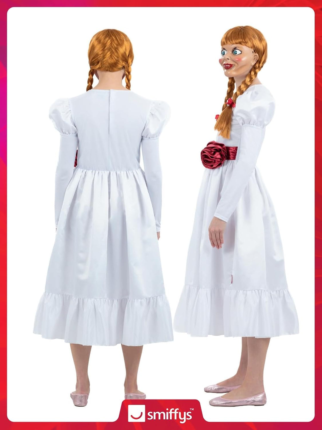 Smiffys Annabelle Kostüm für Erwachsene, Haunting White Dress with Flower Belt, Officially Licensed