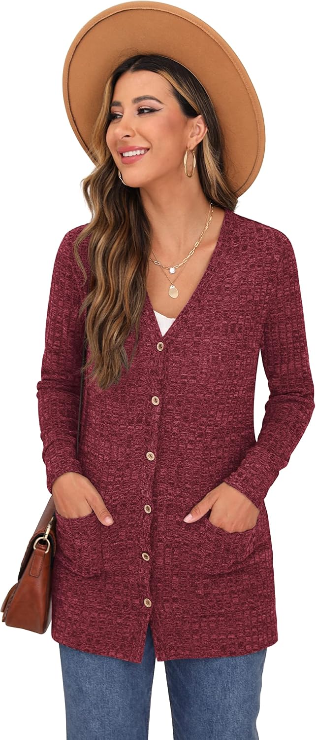 GRECERELLE Damen Leichte Strickjacke Lang mit Taschen und Knöpfen Long Elegant Cardigan V-Ausschnitt