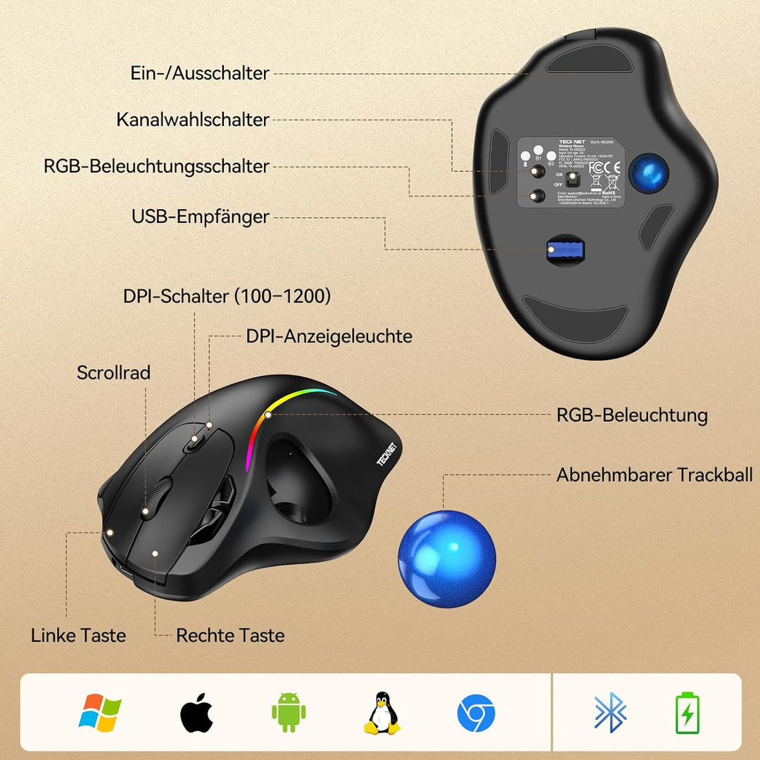 TECKNET Kabellose Trackball-Maus, Ergonomische Maus mit Bluetooth und verschlüsseltem Dongle, 6 Tast