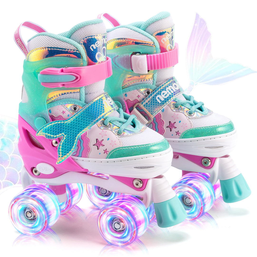 NEMONE Rollschuhe für Mädchen Kinder 4 Grössen Verstellbar Blau Violett Rollschuhe für Kinder Drinne