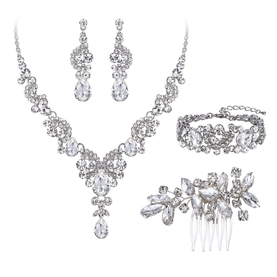 EVER FAITH Kristall Schmuckset Hochzeits Braut Art Deco Floral Teardrop Halskette Ohrringe und Armba