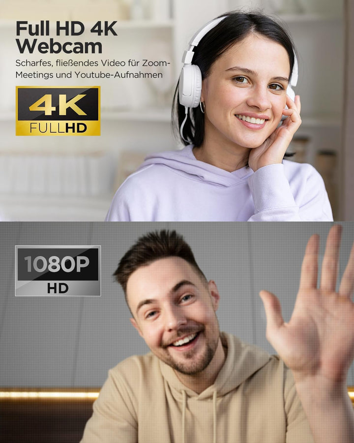 NIVEOLI Webcam 4K mit Mikrofon und Webcam Abdeckung, Stativ, Desktop, für Live-Streaming, Videoanruf