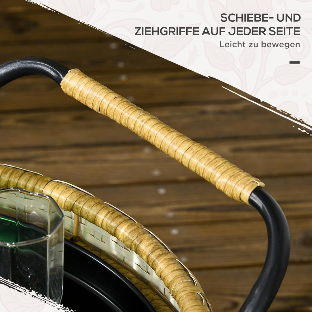 Outsunny Servierwagen Rattan Trolley mit 2 Regalen, Runde Küchenwagen, Gartenrollwagen mit Griffen,