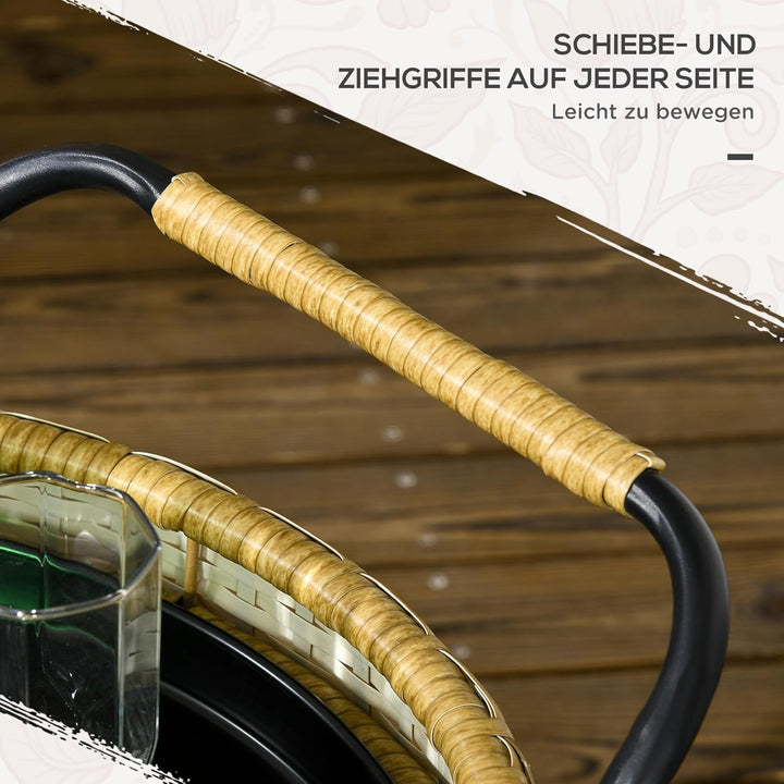 Outsunny Servierwagen Rattan Trolley mit 2 Regalen, Runde Küchenwagen, Gartenrollwagen mit Griffen,