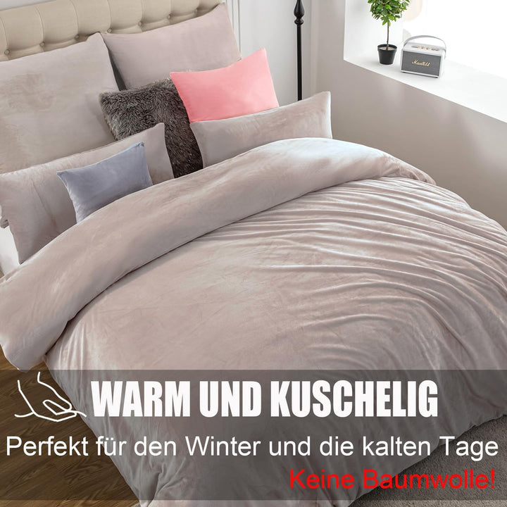 Soifox Winter Flanell Bettwäsche 200x220 - Beige Flauschige und Warme Cashmere Touch Bettbezug + Kis