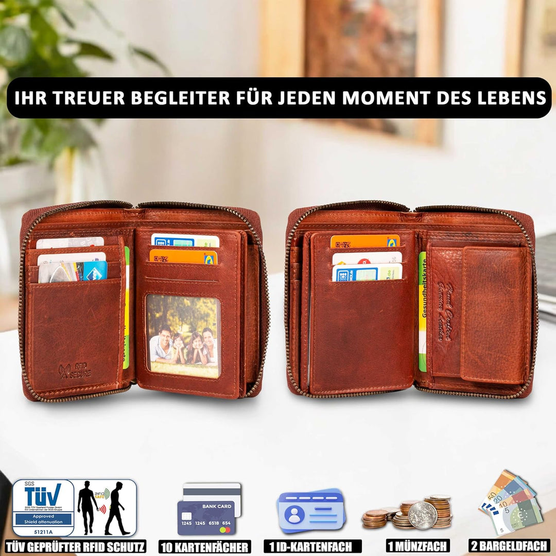 MATADOR® Geldbeutel Damen mit Reissverschluss Geldbörse Herren Echt Leder Geldbeutel mit TüV geprüft
