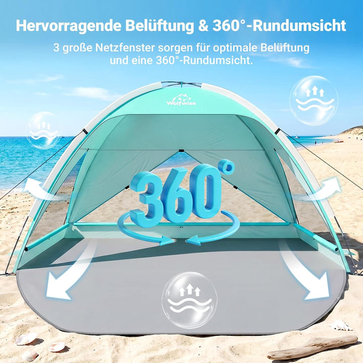 Wolfwise grosse Strandmuschel UV Schutz für 3-4 Personen, Strandzelt grosszügig mit Sonnenschutz UPF
