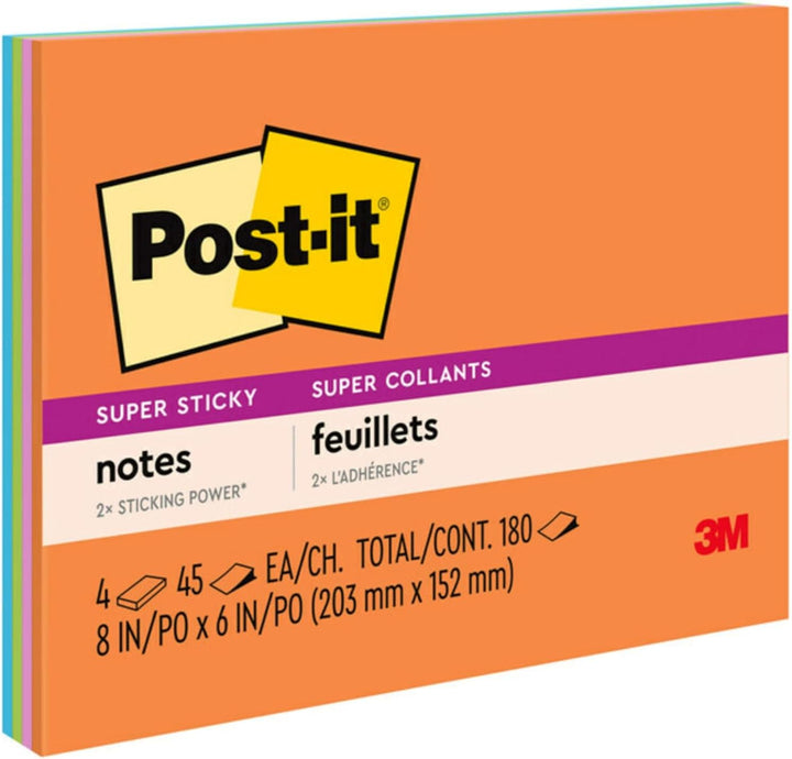 Post-it Super Haftnotizen, 20,3 x 15,2 cm, 4 Blöcke, 2 x Haftkraft, Energy Boost Kollektion, helle F