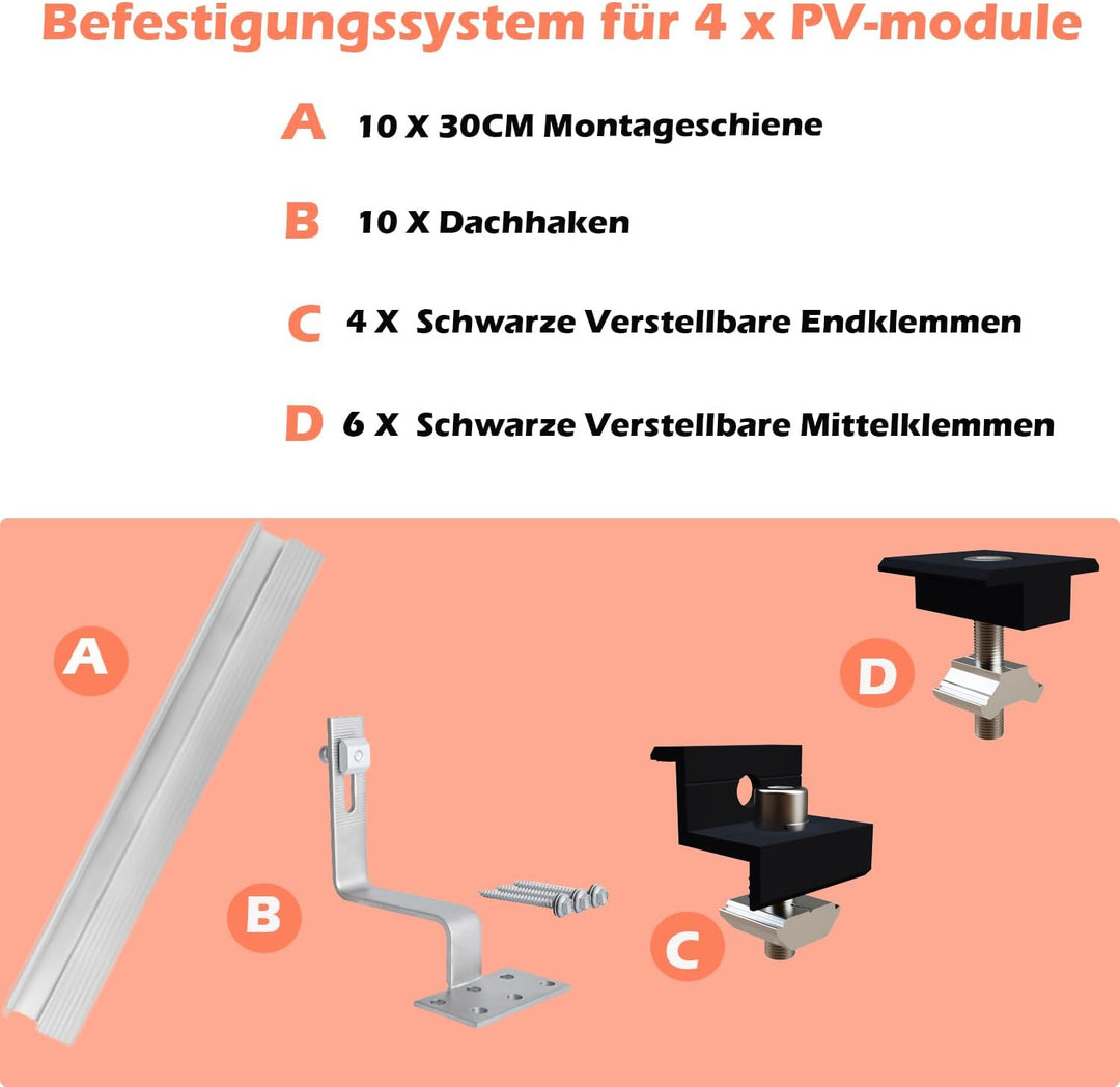 Photovoltaik Ziegeldach Befestigungssystem,Solar Alu Halterung Befestigung Schiene Dachhaken PV für