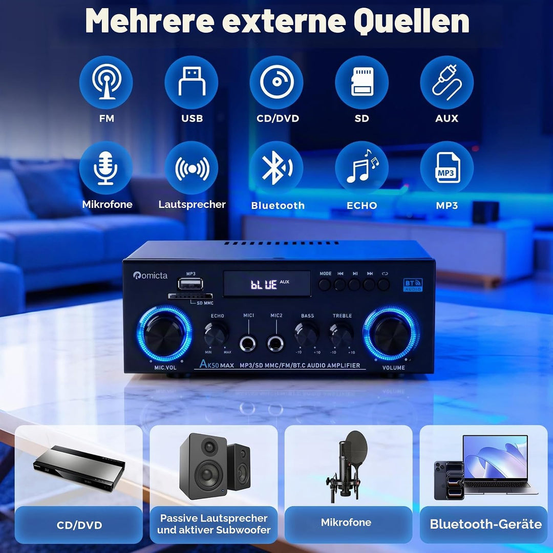 HiFi-Verstärker, Mini Bluetooth Stereo Audio Verstärker Receiver 12V/ 220V 800W 2 Kanäle Endverstärk